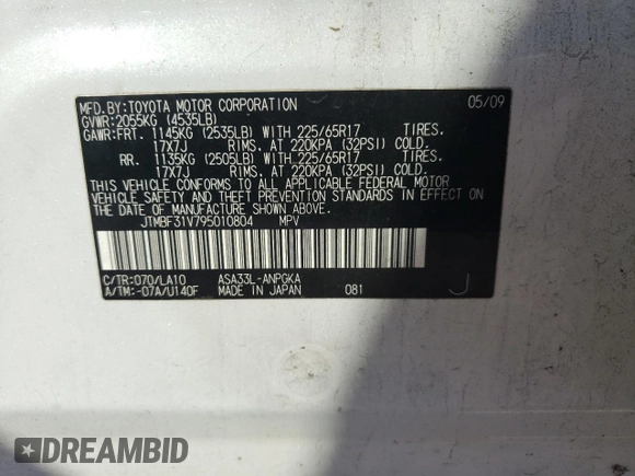 2009 Toyota RAV4 Ltd with VIN JTMBF31V795010804, listed as a Copart auction lot 41125224 with 147,042 mi miles and Salvage Title. Bid and sale history available at carsss.com. Image 12.