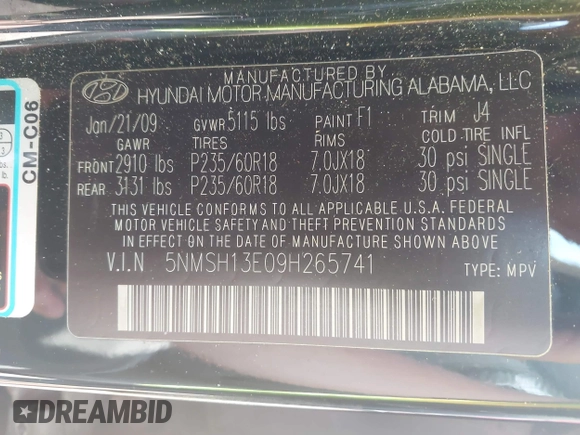 2009 Hyundai Santa Fe SE с VIN 5NMSH13E09H265741, выставлен на аукционе IAAI как лот 42521409 с пробегом 219 458 миль миль и . История ставок и продаж доступна на DreamBid. Изображение 9.