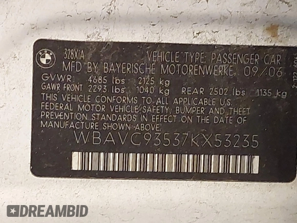 2007 BMW 3 Series 328xi с VIN WBAVC93537KX53235, выставлен на аукционе IAAI как лот 42859757 с пробегом 139 575 миль миль и . История ставок и продаж доступна на DreamBid. Изображение 9.
