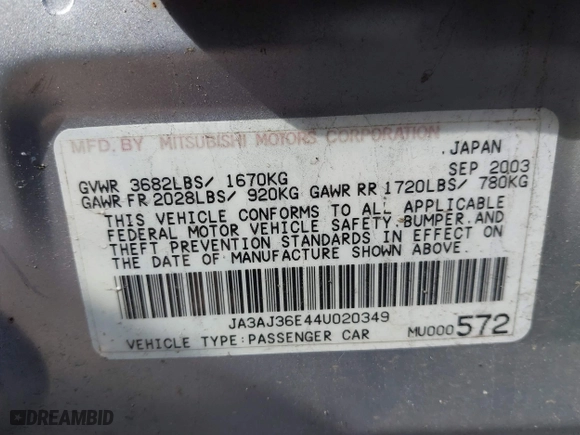 2004 Mitsubishi Lancer LS with VIN JA3AJ36E44U020349, listed as a IAAI auction lot 41714325 with 1 mi miles. Bid and sale history available at carsss.com. Image 9.