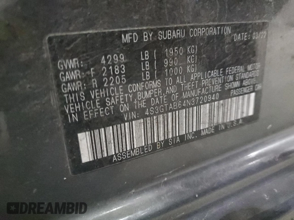 2022 Subaru Impreza с VIN 4S3GTAB64N3720940, выставлен на аукционе Copart как лот 83802974 с пробегом 64 553 миль миль и Списание • Salvage title. История ставок и продаж доступна на DreamBid. Изображение 13.