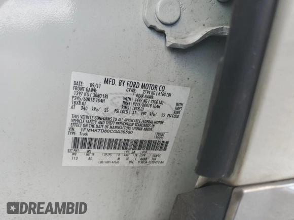 2012 Ford Explorer XLT with VIN 1FMHK7D80CGA30550, listed as a Copart auction lot 49775845 with 109,838 mi miles and Salvage Title. Bid and sale history available at DreamBid. Image 14.