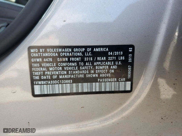 2013 Volkswagen Passat SE w/Sunroof with VIN 1VWBH7A33DC133663, listed as a Copart auction lot 50698795 with 161,053 mi miles and Salvage Title. Bid and sale history available at carsss.com. Image 13.