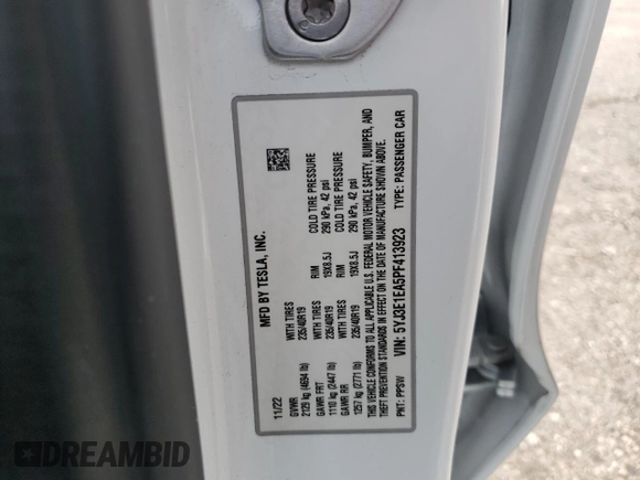 2023 Tesla Model 3 with VIN 5YJ3E1EA5PF413923, listed as a Copart auction lot 49008435 with 28,373 mi miles and Salvage Title. Bid and sale history available at DreamBid. Image 15.