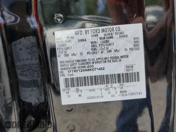 2008 Ford F-150 XL z VIN 1FTRF12W68KD71452, wystawiony jako Copart lot #63495795 z przebiegiem 109 182 mil mil oraz Szkoda całkowita • Salvage title. Historia ofert i sprzedaży dostępna na DreamBid. Obrazek 12.
