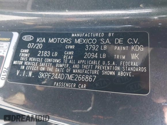 2021 Kia Forte LXS z VIN 3KPF24AD7ME266867, wystawiony jako IAAI lot #41986349 z przebiegiem 93 358 mil mil oraz . Historia ofert i sprzedaży dostępna na DreamBid. Obrazek 9.