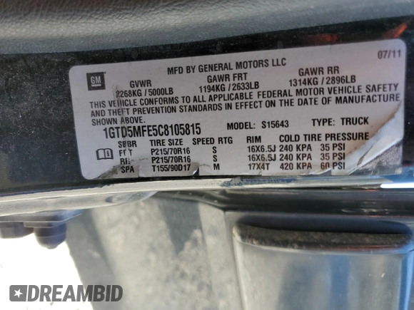 2012 GMC Canyon SLE1 with VIN 1GTD5MFE5C8105815, listed as a Copart auction lot 49130365 with 116,576 mi miles and Salvage Title. Bid and sale history available at carsss.com. Image 12.