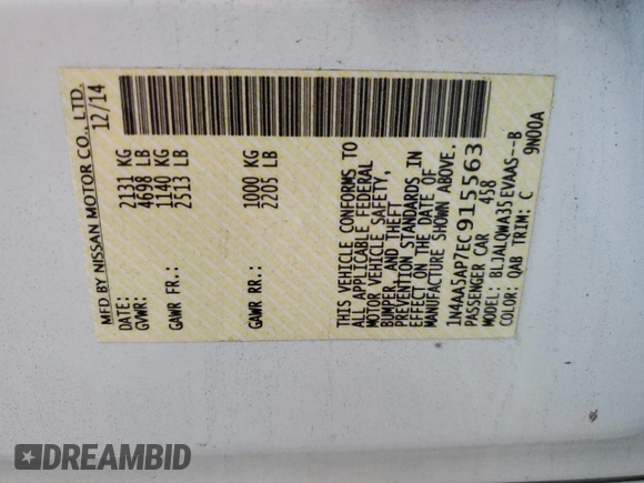 2014 Nissan Maxima SV z VIN 1N4AA5AP7EC915563, wystawiony jako Copart lot #58581365 z przebiegiem 32 347 mil mil oraz Szkoda całkowita • Salvage title. Historia ofert i sprzedaży dostępna na DreamBid. Obrazek 12.