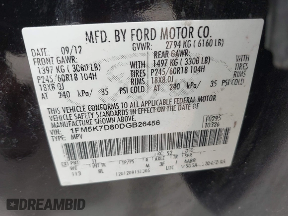 2013 Ford Explorer XLT with VIN 1FM5K7D80DGB26456, listed as a IAAI auction lot 42481903 with 208,306 mi miles and . Bid and sale history available at DreamBid. Image 9.