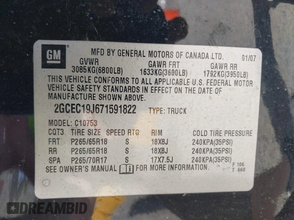 2007 Chevrolet Silverado 1500 LT w/1LT with VIN 2GCEC19J671591822, listed as a IAAI auction lot 41841804 with 325,059 mi miles. Bid and sale history available at carsss.com. Image 9.