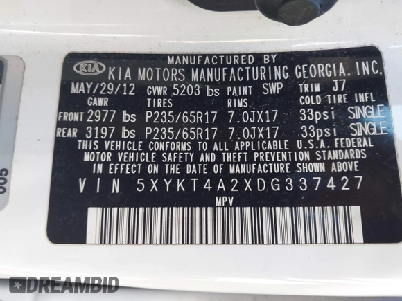 2013 Kia Sorento LX with VIN 5XYKT4A2XDG337427, listed as a IAAI auction lot 41730880 with 219,984 mi miles. Bid and sale history available at carsss.com. Image 9.