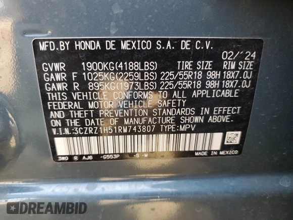 2024 Honda HR-V Sport with VIN 3CZRZ1H51RM743807, listed as a Copart auction lot 49082065 with 12,967 mi miles and Salvage Title. Bid and sale history available at carsss.com. Image 15.