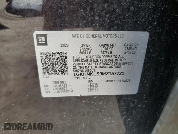 2021 GMC Acadia SLE z VIN 1GKKNKLS9MZ157731, wystawiony jako Copart lot #54155425 z przebiegiem 64 347 mil mil oraz Szkoda całkowita • Salvage title. Historia ofert i sprzedaży dostępna na DreamBid. Obrazek 13.