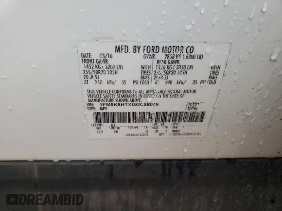 2016 Ford Explorer Platinum with VIN 1FM5K8HTXGGC58049, listed as a Copart auction lot 55790215 with 112,673 mi miles and Salvage Title. Bid and sale history available at DreamBid. Image 13.