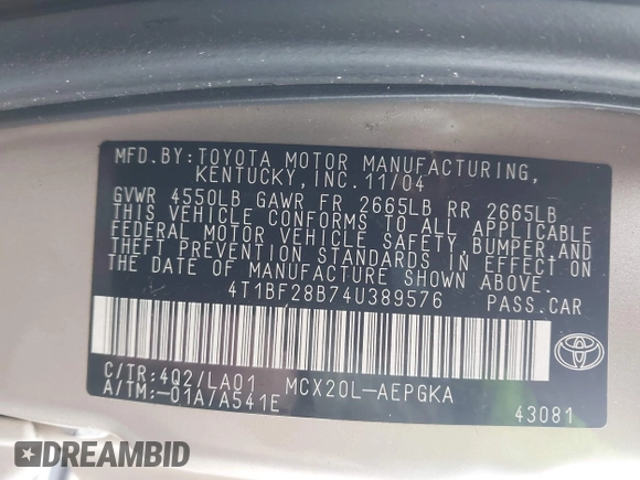 2004 Toyota Avalon XL with VIN 4T1BF28B74U389576, listed as a IAAI auction lot 41929296 with 196,218 mi miles and . Bid and sale history available at DreamBid. Image 9.