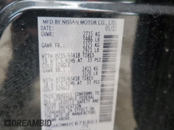 2015 Nissan Pathfinder SL with VIN 5N1AR2MMXFC676803, listed as a Copart auction lot 56932855 with 181,459 mi miles and Salvage title. Bid and sale history available at DreamBid. Image 13.
