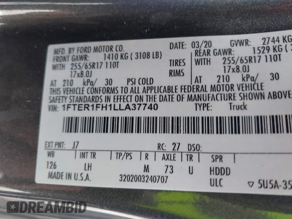 2020 Ford Ranger XL with VIN 1FTER1FH1LLA37740, listed as a IAAI auction lot 41310217 with 64,309 mi miles. Bid and sale history available at carsss.com. Image 9.