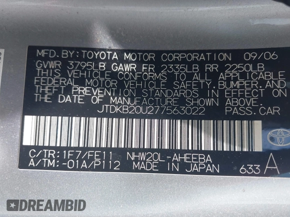 2007 Toyota Prius z VIN JTDKB20U277563022, wystawiony jako IAAI lot #42551498 z przebiegiem 228 017 mil mil oraz . Historia ofert i sprzedaży dostępna na DreamBid. Obrazek 9.