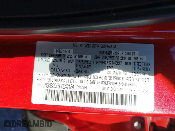 2015 Mazda CX-5 Touring with VIN JM3KE2CY5F0542184, listed as a IAAI auction lot 41770264 with 119,592 mi miles. Bid and sale history available at carsss.com. Image 9.