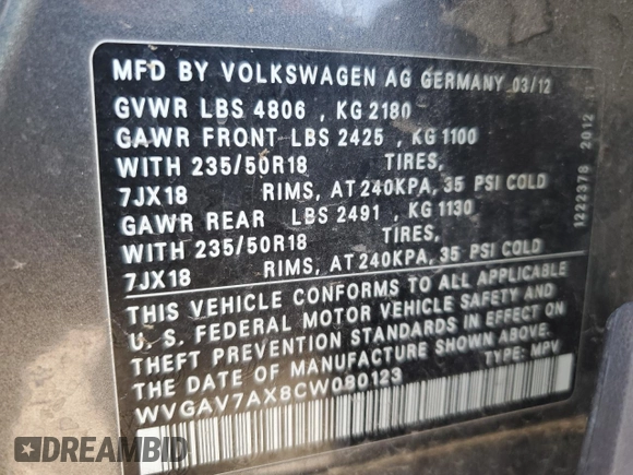 2012 Volkswagen Tiguan SE with VIN WVGAV7AX8CW080123, listed as a Copart auction lot 88922235 with 159,093 mi miles and Salvage Title. Bid and sale history available at DreamBid. Image 14.