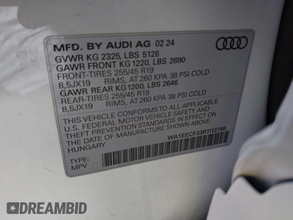 2024 Audi Q3 S line Premium Plus z VIN WA1EECF33R1112786, wystawiony jako IAAI lot #41611539 z przebiegiem 6372 mil mil oraz . Historia ofert i sprzedaży dostępna na DreamBid. Obrazek 9.
