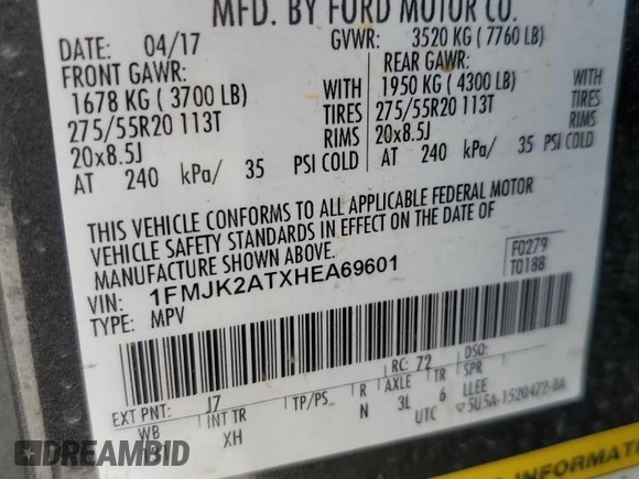 2017 Ford Expedition Max Limited z VIN 1FMJK2ATXHEA69601, wystawiony jako Copart lot #56829125 z przebiegiem 126 335 mil mil oraz Szkoda całkowita • Salvage title. Historia ofert i sprzedaży dostępna na DreamBid. Obrazek 13.