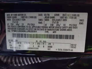2020 Ford Escape SE z VIN 1FMCU9G69LUB29301, wystawiony jako IAAI lot #42382811 z przebiegiem 55 197 mil mil oraz . Historia ofert i sprzedaży dostępna na DreamBid. Obrazek 9.