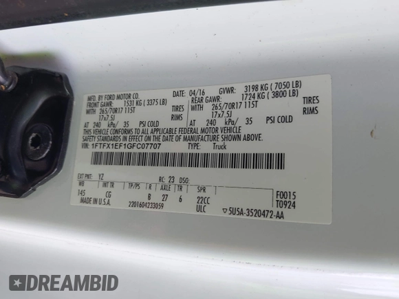 2016 Ford F-150 XLT with VIN 1FTFX1EF1GFC07707, listed as a IAAI auction lot 42450050 with 131,008 mi miles and . Bid and sale history available at DreamBid. Image 9.