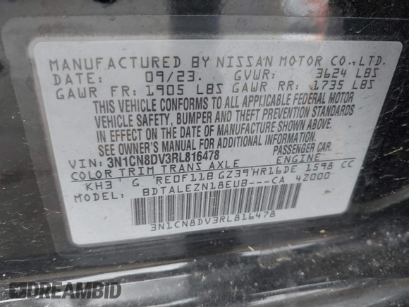 2024 Nissan Versa S with VIN 3N1CN8DV3RL816478, listed as a IAAI auction lot 41710945 with 31,120 mi miles and . Bid and sale history available at carsss.com. Image 9.