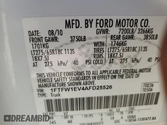 2010 Ford F-150 XL with VIN 1FTFW1EV4AFD25526, listed as a Copart auction lot 58561145 with 275,719 mi miles and Salvage title. Bid and sale history available at DreamBid. Image 12.
