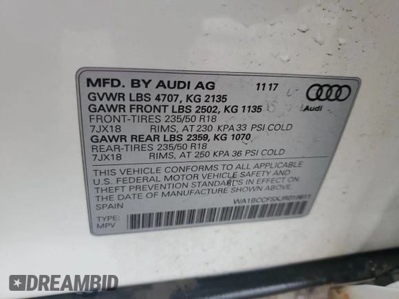 2018 Audi Q3 Premium with VIN WA1BCCFSXJR019611, listed as a Copart auction lot 55286305 with 108,898 mi miles and Salvage title. Bid and sale history available at DreamBid. Image 13.
