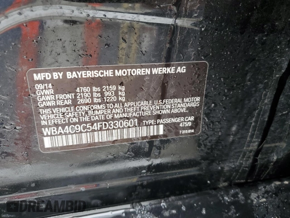 2015 BMW 4 Series 428i xDrive with VIN WBA4C9C54FD330601, listed as a Copart auction lot 45168955 with 112,408 mi miles and Salvage title. Bid and sale history available at DreamBid. Image 12.