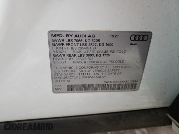 2022 Audi e-tron Premium Plus with VIN WA1LAAGEXNB013894, listed as a Copart auction lot 71918322 with 0 mi miles. Bid and sale history available at carsss.com. Image 13.