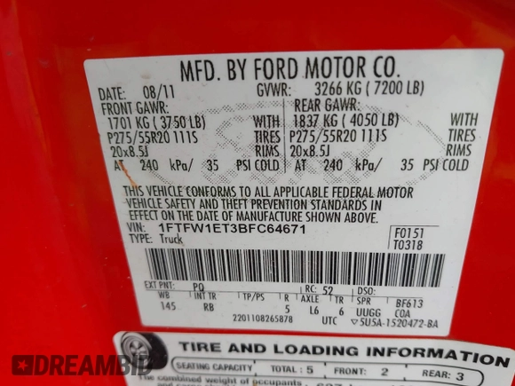 2011 Ford F-150 XLT with VIN 1FTFW1ET3BFC64671, listed as a IAAI auction lot 40610978 with 161,997 mi miles. Bid and sale history available at carsss.com. Image 9.