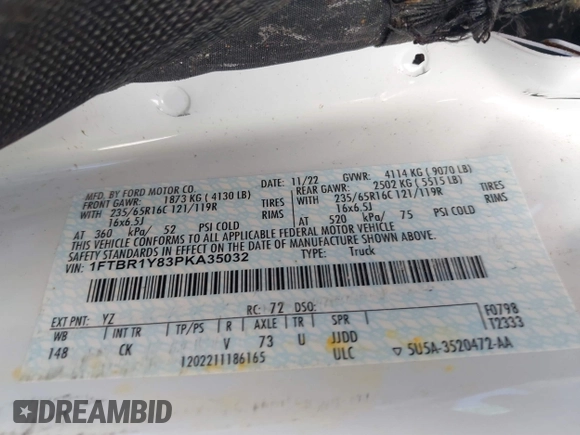2023 Ford Transit Cargo with VIN 1FTBR1Y83PKA35032, listed as a IAAI auction lot 41439789 with Not Provided miles and . Bid and sale history available at DreamBid. Image 9.