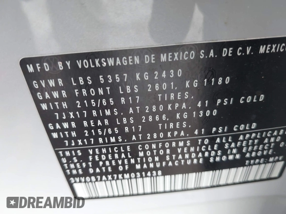 2019 Volkswagen Tiguan S with VIN 3VV0B7AX7KM031438, listed as a IAAI auction lot 42367337 with Not provided miles and . Bid and sale history available at DreamBid. Image 9.