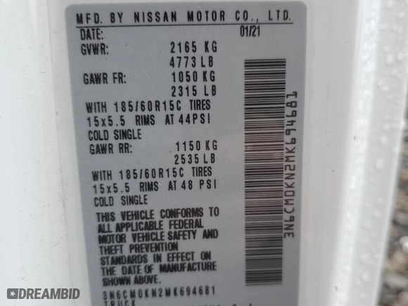2021 Nissan NV200 Compact Cargo SV with VIN 3N6CM0KN2MK694681, listed as a Copart auction lot 78893833 with 59,540 mi miles. Bid and sale history available at carsss.com. Image 14.