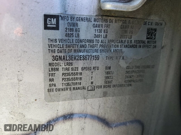 2014 Chevrolet Captiva Sport LT with VIN 3GNAL3EK2ES677159, listed as a Copart auction lot 77406904 with Not Provided miles and Salvage Title. Bid and sale history available at DreamBid. Image 13.