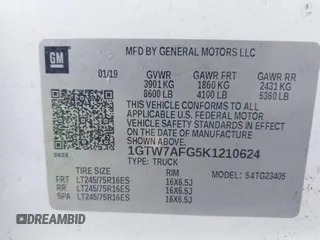 2019 GMC Savana Cargo z VIN 1GTW7AFG5K1210624, wystawiony jako IAAI lot #41786354 z przebiegiem 105 345 mil mil oraz . Historia ofert i sprzedaży dostępna na DreamBid. Obrazek 9.