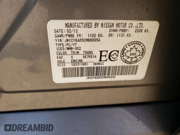 2012 Infiniti G37 x with VIN JN1CV6AR5CM680654, listed as a Copart auction lot 54487355 with 273,872 mi miles and Salvage Title. Bid and sale history available at DreamBid. Image 12.