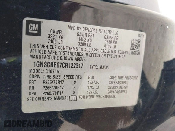 2012 Chevrolet Tahoe LT with VIN 1GNSCBE07CR122317, listed as a IAAI auction lot 41986360 with 172,505 mi miles and . Bid and sale history available at DreamBid. Image 9.