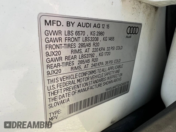 2017 Audi Q7 Premium Plus with VIN WA1LAAF72HD005719, listed as a Copart auction lot 52650635 with 154,276 mi miles and Clean Title. Bid and sale history available at carsss.com. Image 10.