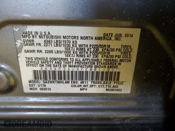 2015 Mitsubishi Outlander Sport ES with VIN 4A4AP3AU4FE001191, listed as a Copart auction lot 88048565 with 90,577 mi miles and Salvage Title. Bid and sale history available at carsss.com. Image 14.