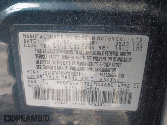 2017 Nissan Sentra S with VIN 3N1AB7APXHY375031, listed as a IAAI auction lot 41739459 with 24,285 mi miles and . Bid and sale history available at carsss.com. Image 9.