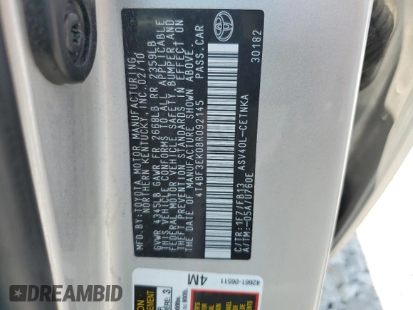 2011 Toyota Camry LE z VIN 4T4BF3EK0BR092145, wystawiony jako Copart lot #58713825 z przebiegiem 133 324 mil mil oraz Szkoda całkowita • Salvage title. Historia ofert i sprzedaży dostępna na DreamBid. Obrazek 12.