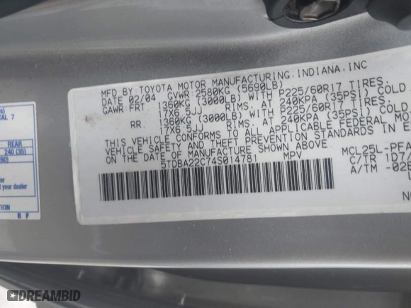 2004 Toyota Sienna XLE with VIN 5TDBA22C74S014781, listed as a IAAI auction lot 41327692 with 148,548 mi miles. Bid and sale history available at carsss.com. Image 9.