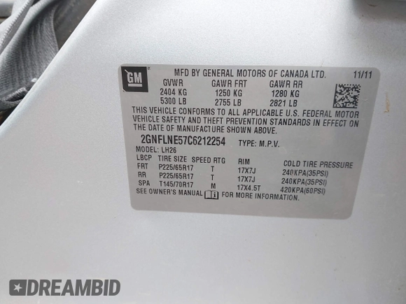 2012 Chevrolet Equinox 2LT with VIN 2GNFLNE57C6212254, listed as a IAAI auction lot 40995196 with 106,442 mi miles and . Bid and sale history available at DreamBid. Image 9.