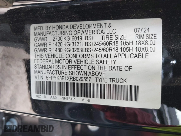 2024 Honda Ridgeline Sport with VIN 5FPYK3F1XRB029557, listed as a IAAI auction lot 42459032 with 4,437 mi miles and . Bid and sale history available at DreamBid. Image 9.