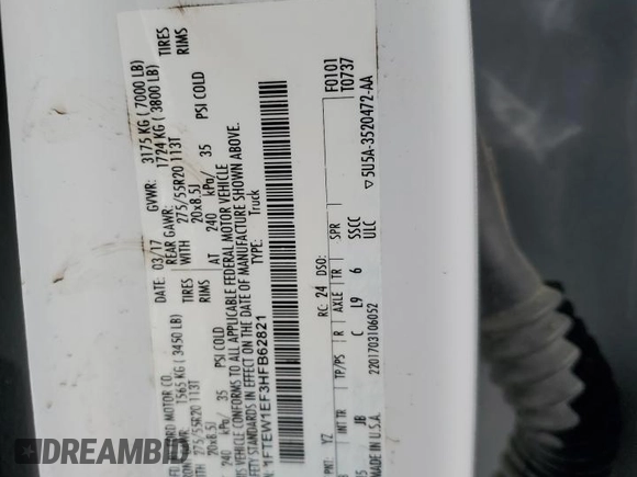 2017 Ford F-150 XL with VIN 1FTEW1EF3HFB62821, listed as a Copart auction lot 49506135 with 126,176 mi miles and Salvage Title. Bid and sale history available at carsss.com. Image 14.