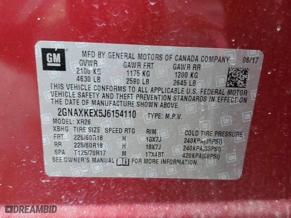 2018 Chevrolet Equinox LT with VIN 2GNAXKEX5J6154110, listed as a Copart auction lot 47374695 with 36,083 mi miles and Clean Title. Bid and sale history available at carsss.com. Image 13.